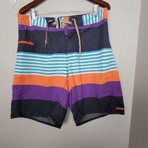 Patagonia Wavefarer Board Shorts, Multicolor Purple, Teal Stripes Colorblock